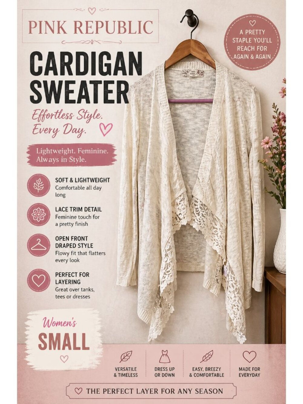 Pink Republic Womens Small Cardigan Cream Lace Trim Open Front Draped Boho Light
